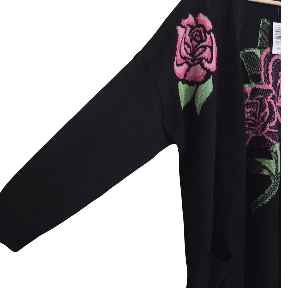 NWT Torrid | Open Front Drop Shoulder Rose Embroidered Cardigan Deep Black - Picture 5 of 11